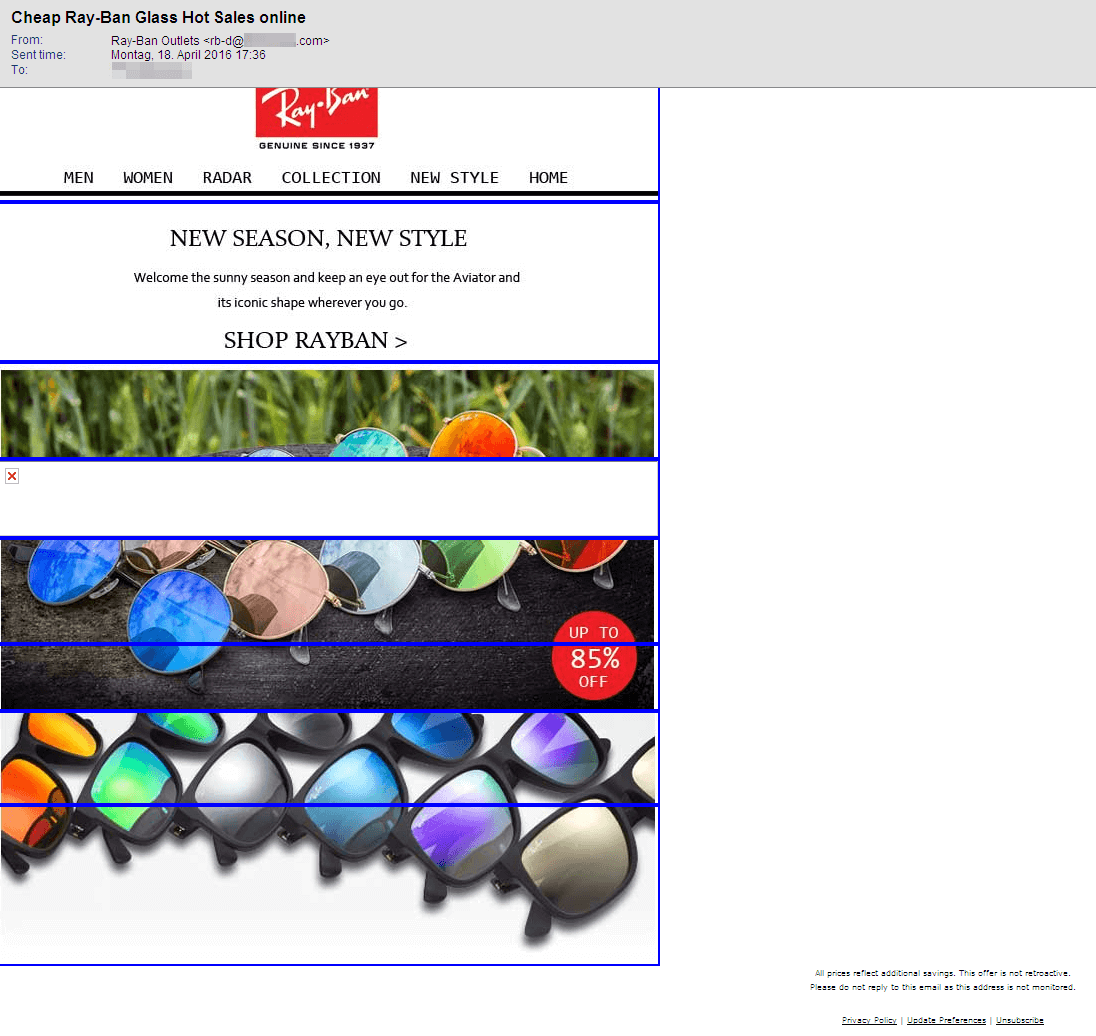 Screenshot of an email with sunglasses spam