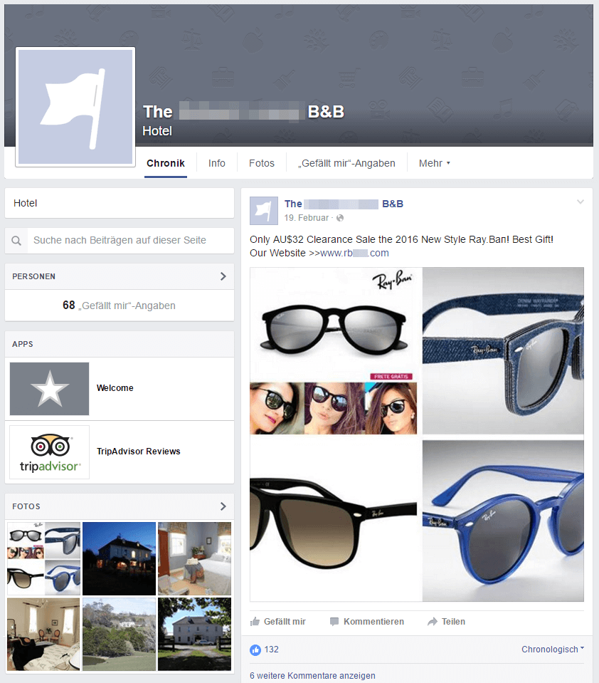 Screenshot of a digital hotel's Facebook wall spreading Ray-Ban spam