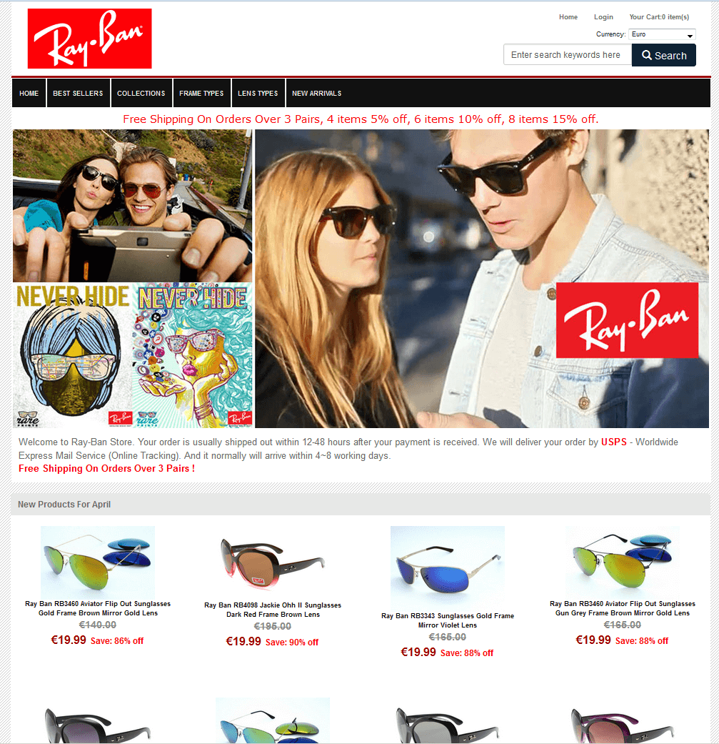 Screenshot of a Ray-Ban shop copy