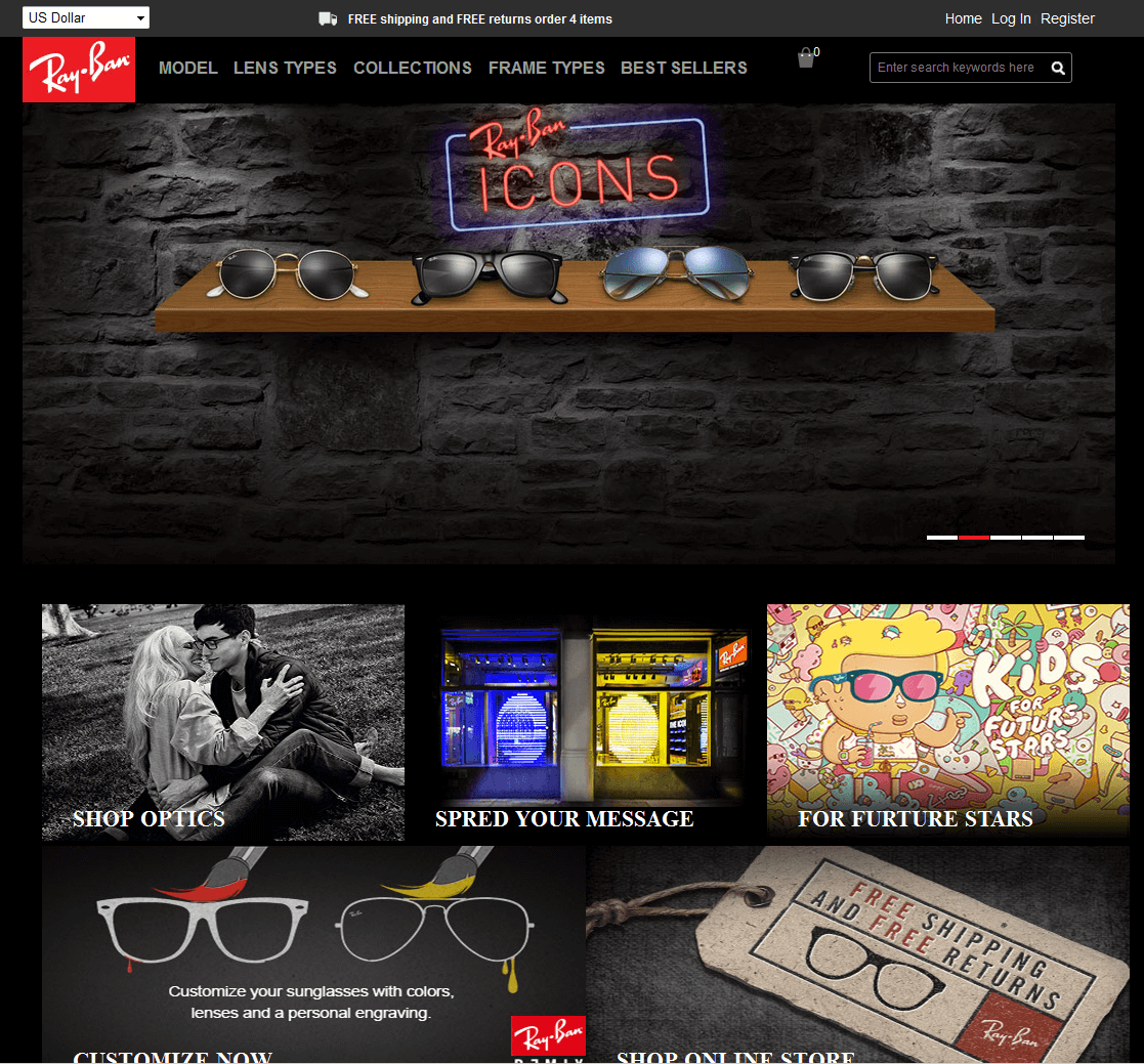 Screenshot of a Ray-Ban shop copy