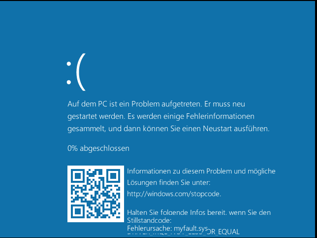 A Blue Screen of Death as seen in Windows 10