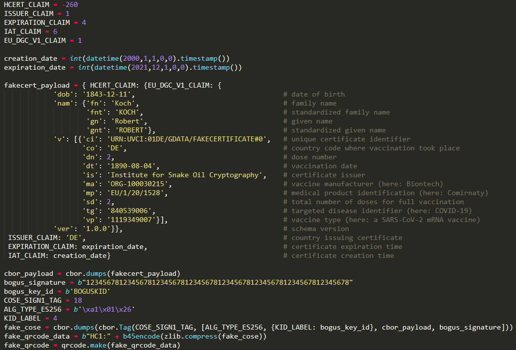 Code for creating an unsigned proof of vaccination