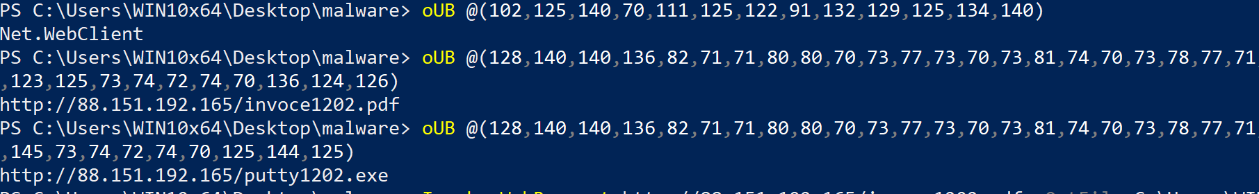 PowerShell console output showing the use of obfuscated character arrays decoded by the oUB function to form URLs. The script downloads two files — invoice1202.pdf and putty1202.exe — from the remote server http://88(.)151(.)192(.)165, indicating potentially malicious activity.