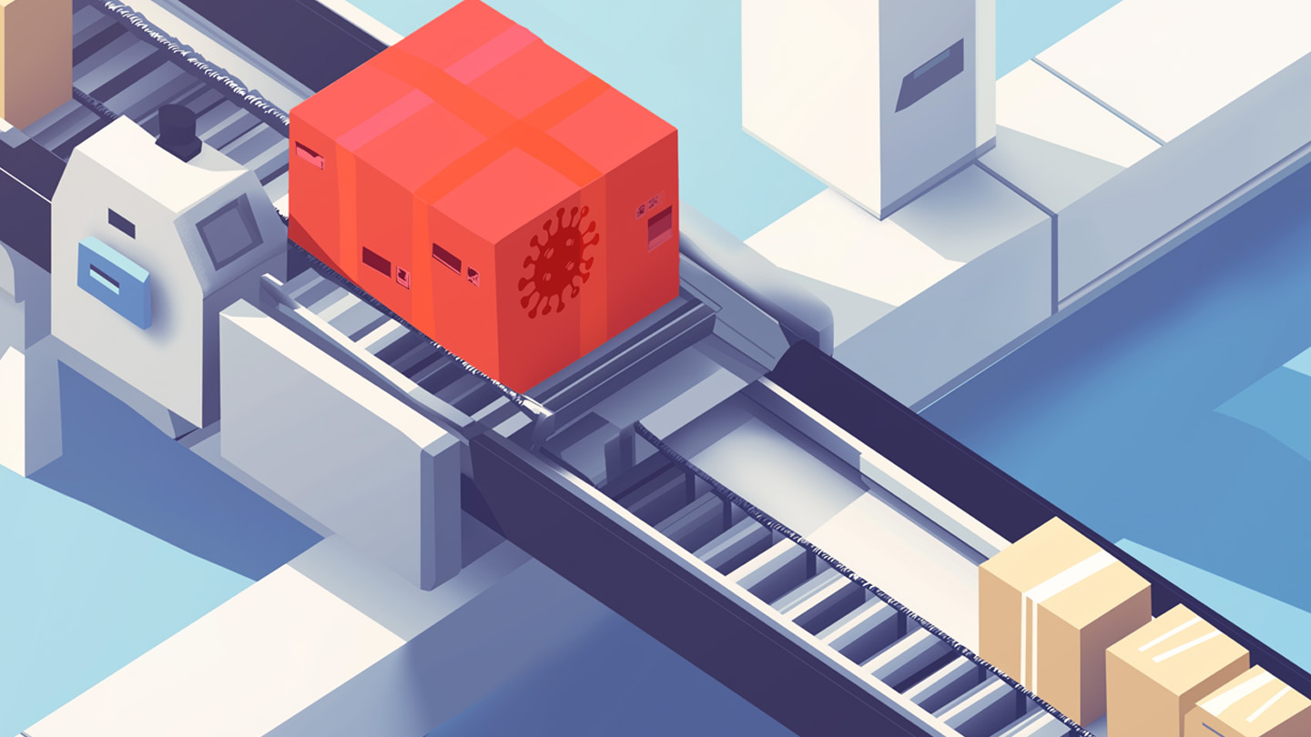 Ein rotes Paket mit einem Virus-Symbol wird auf einem Förderband zwischen neutralen Kartons transportiert. Die Szene ist im Stil einer vereinfachten 3D-Grafik gehalten und symbolisiert die Verbreitung von Malware.