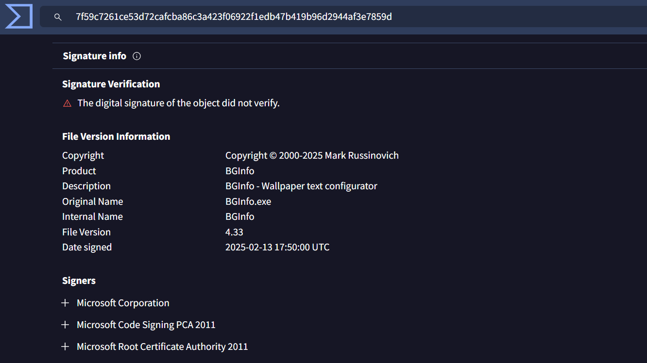 The digital signature of the file could not be verified, despite being associated with Microsoft Corporation and signed on 2025-02-13. The file is identified as BGInfo.exe, version 4.33, described as a "Wallpaper text configurator" developed by Mark Russinovich.