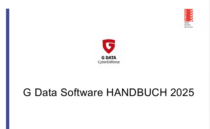 Title page of a document with the G DATA CyberDefense logo and the inscription ‘G Data Software MANUAL 2025’. In the top right-hand corner is a certification mark with the text ‘Quality ISO 9001 by ServiceCert’.