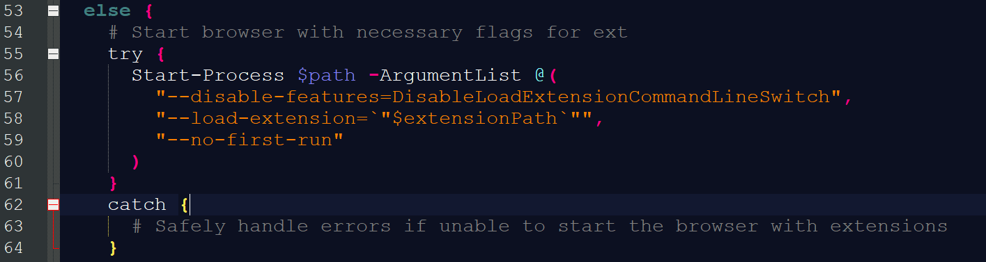 The PowerShell script attempts to start a browser process with specific flags to disable command-line extension switches, load a specified extension, and suppress the first-run experience. If the process fails, the catch block is intended to handle the error safely.