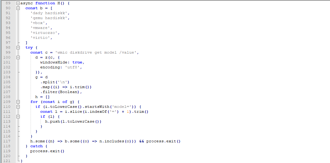 JavaScript code that queries disk drive model information through a WMIC command, extracts each model name and normalizes it to lowercase. The function checks the results against a list of virtual-machine-related disk identifiers and exits the process if any match is detected.