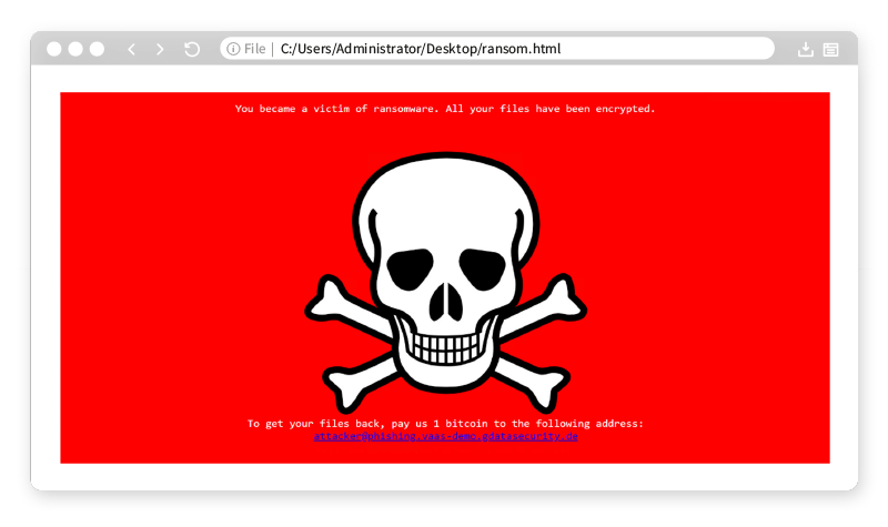 Red screen with a skull and crossbones symbol in the center, with the text above: “You became a victim of ransomware. All your files have been encrypted.” Below it says: “To get your files back, pay us 1 bitcoin to the following address: [attacker@phishing-was-demo.gdatasecurity.de](mailto:attacker@phishing-was-demo.gdatasecurity.de)”.