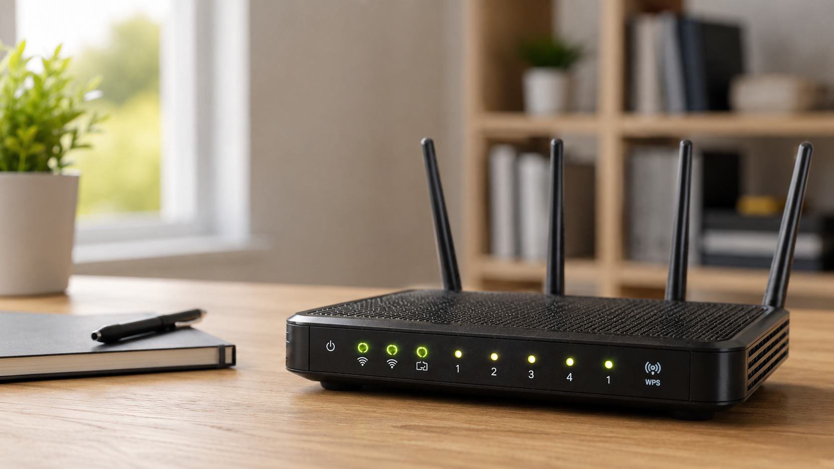Ein schwarzer WLAN-Router mit vier Antennen steht auf einem Holztisch; mehrere grüne und gelbe Status-LEDs leuchten, im Hintergrund sind ein Regal, ein Fenster und links ein Notizbuch mit Stift sowie eine Topfpflanze zu sehen. Auf der Vorderseite sind die Beschriftungen „1“, „2“, „3“, „4“, „1“ und „WPS“ sowie Symbole für Strom, WLAN und Netzwerkanschluss erkennbar.