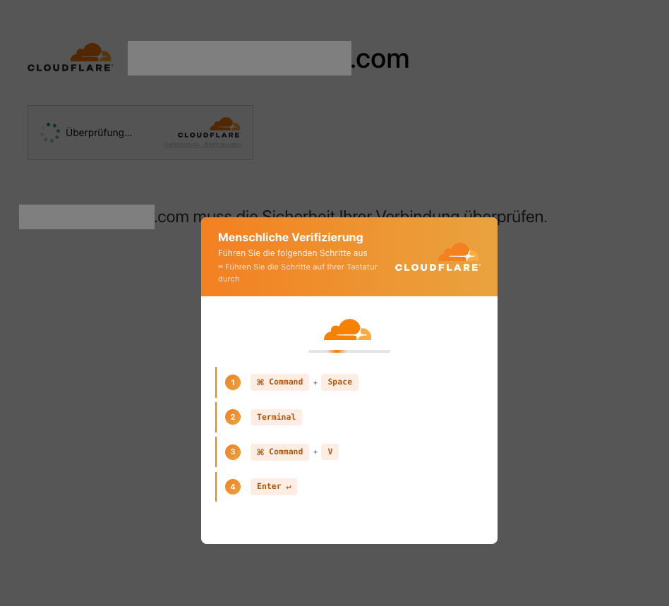 Fake Cloudflare security check with a loading animation and the message ".com needs to review the security of your connection"; below it, a dialog box titled "Human Verification" instructing users to open the terminal with Command+Space, paste content with Command+V, and confirm with Enter. The design mimics a genuine Cloudflare bot check but tricks users into running unknown code in the terminal — a typical pattern of so-called "ClickFix" scam pages.